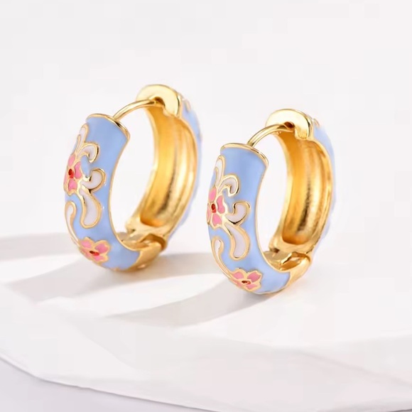 Positano Blue Floral Gold Hoop Earrings - Picture 1 of 8